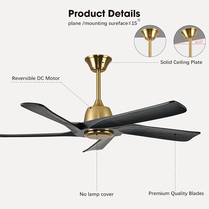 52 Inch Solid Wood Ceiling Fan No Lights, Remote and APP Control, DC Motor, 6-speed Reversible, for Bedroom, Living Room, Office, Black Gold