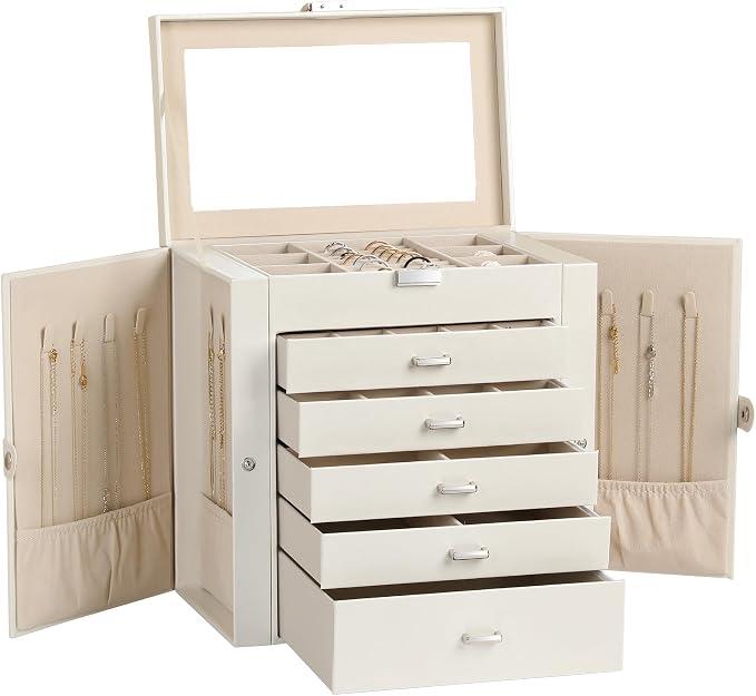 Frebeauty 6-Layer Jewelry Box for Women,Large Jewelry Organizer with Drawer | Faux Leather,Built-in Mirror,Spacious Jewelry Storage,16 Necklace Hooks,Organizing by Category for Rings Earrings Bracelet