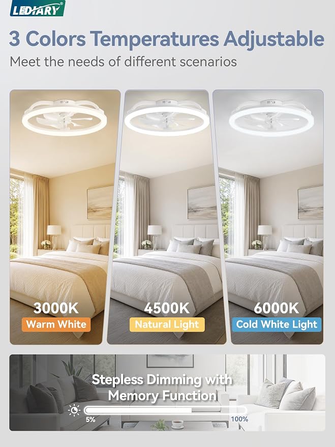 LEDIARY 23 Inch Ceiling Fans with Lights and Remote, Dimmable Fan Light | 6 Speed, Reversible, APP & Remote Control, Low Profile Flush Mount Ceiling Fan for Bedroom, White