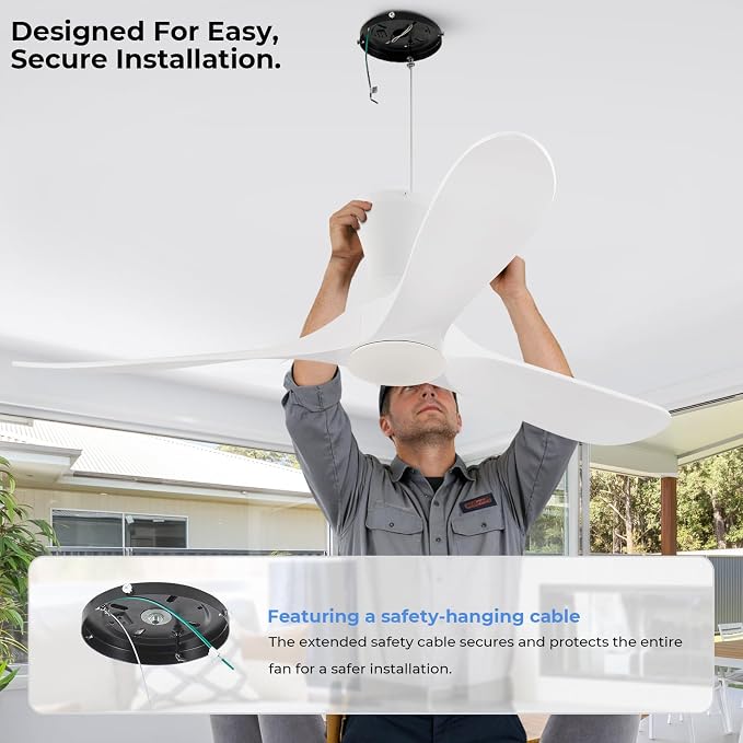 52 inch Smart White Ceiling Fans with Lights, Outdoor Flush Mount Low Profile Ceiling Fan with WIFI Alexa and App Remote Control, Quiet DC Motor, 3 Blades Wood Modern ceiling fan for Bedroom Patio
