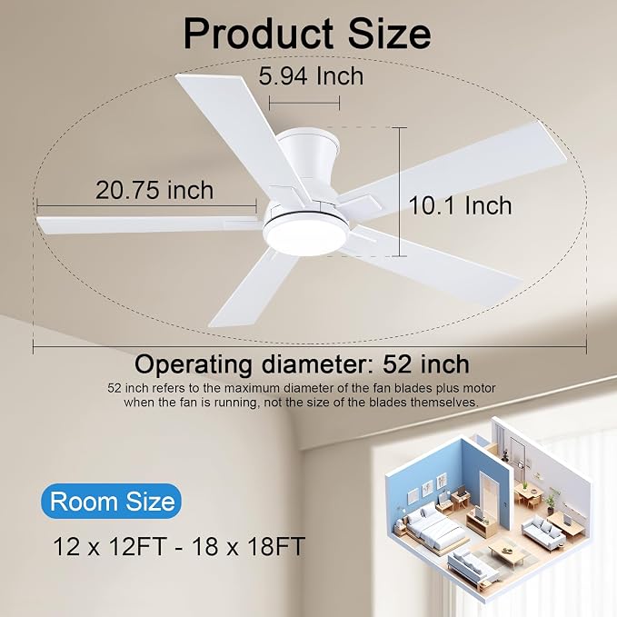 52 Inch White Flush Mount Ceiling Fan with Light, 3CCT Dimmable LED, 6-Speed Remote Control, Reversible Motor,Quiet Low Profile Energy-Efficient for Bedroom & Living Room,ETL Listed