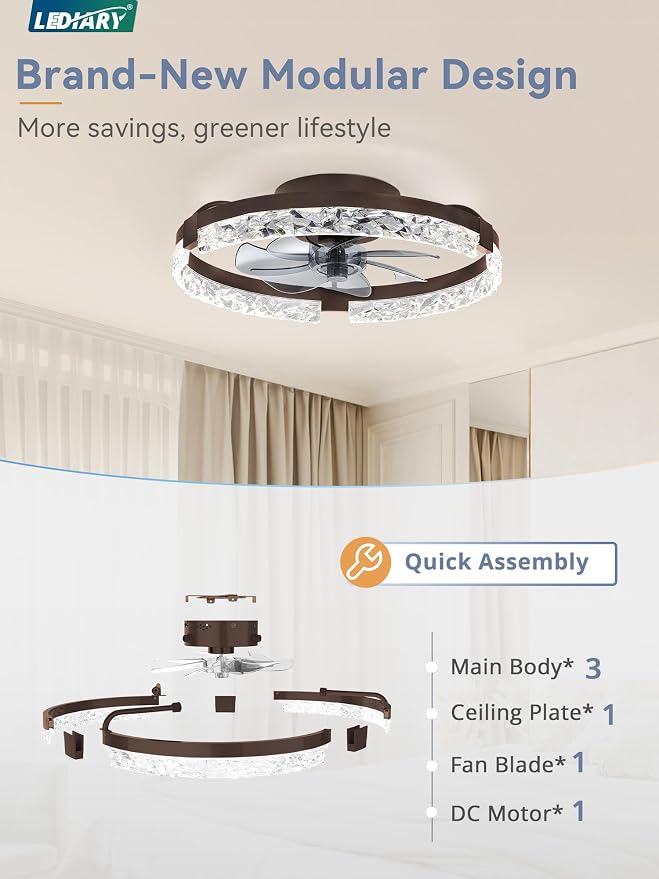 LEDIARY 20 Inch Low Profile Ceiling Fans with Lights and Remote, Fandelier Ceiling Fan Flush Mount, 3000K-6000K Dimmable LED Fan Light, Brown Modern Ceiling Fans with Lights for Bedroom