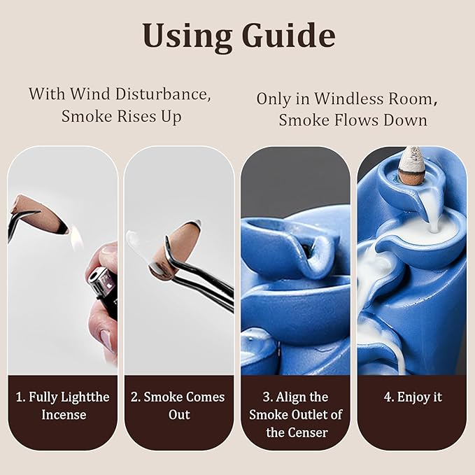 YYW Backflow Incense Burner Holder Handmade Statue Decor Fountain Waterfall Incense Holder with 20 Backflow Incense Cones 30 Incense Sticks 1 Tweezer 1 Mat for Indoor Meditation Yoga (Navy Blue)