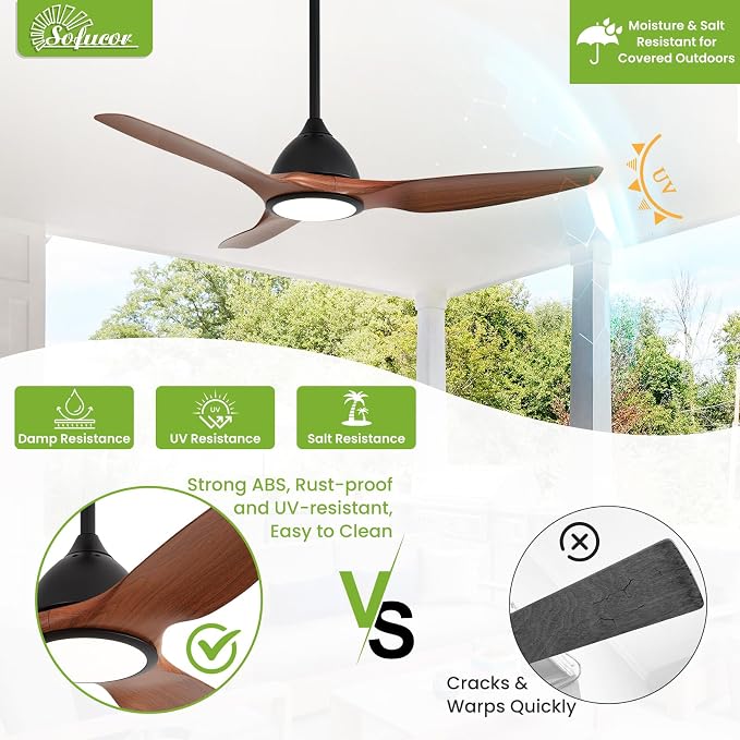 Sofucor 52 Inch Outdoor Ceiling Fans with Lights, Modern Ceiling Fan with 3 Plastic Blade, Quiet, Dimmable, High 7000CFM 6-Speed 3-Timer Reversible DC Motor, for Bedroom Living Room, ETL, Brown