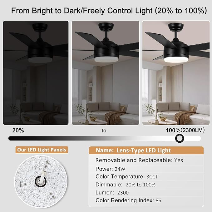 YUHAO 52 Inch Black Ceiling Fan with Light and Remote Control.Noiseless,Dimmable,3CCT,6 Speeds Reversible, DC Ceiling Fans for Indoor or Covered Outdoor Use.ETL Listed