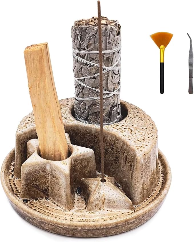Palo Santo Stick Holder,Ceramic Sage Holder for Burning,4 in 1 Incense and Candle Holder,Ash Catcher Tray for Meditation Yoga Room Speckled White