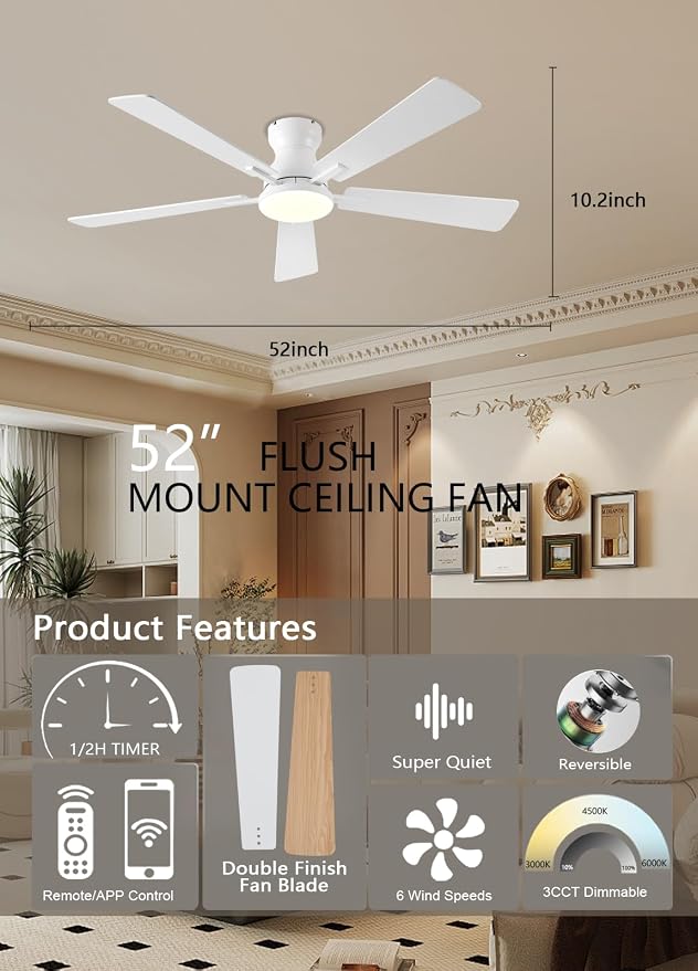 JSAITEE Ceiling Fans with Lights, 52Inch Low Profile Ceiling Fan with Light and Remote/App Control, Modern Flush Mount White Ceiling Fan, 3CCT Dimmable, Reversible DC Motor, for Living Room,Bedroom
