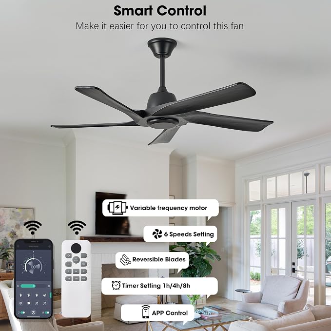 52“ DC Ceiling Fan No Light, 5 Solid Wood Fan Blades, Remote and APP Control, 6-speed Reversible, Quiet Ceiling Fan without Lights for Bedroom, Living Room, Office, Black