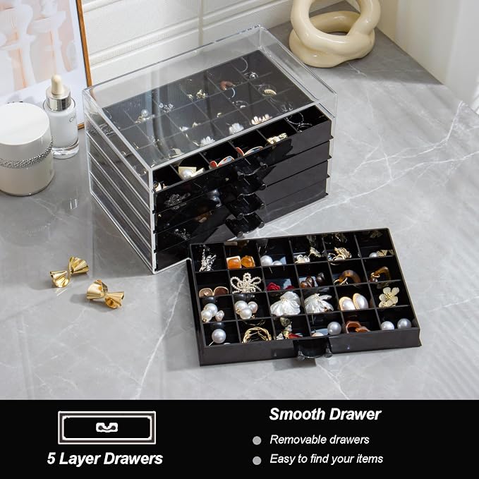 YUFONG Earring Storage Box Organizer, Acrylic Jewelry Storage Box Holder 5 Drawers Transparent Jewelry Display Stand with 120 Small Compartments Gift Boxes for Women Girls (Black)