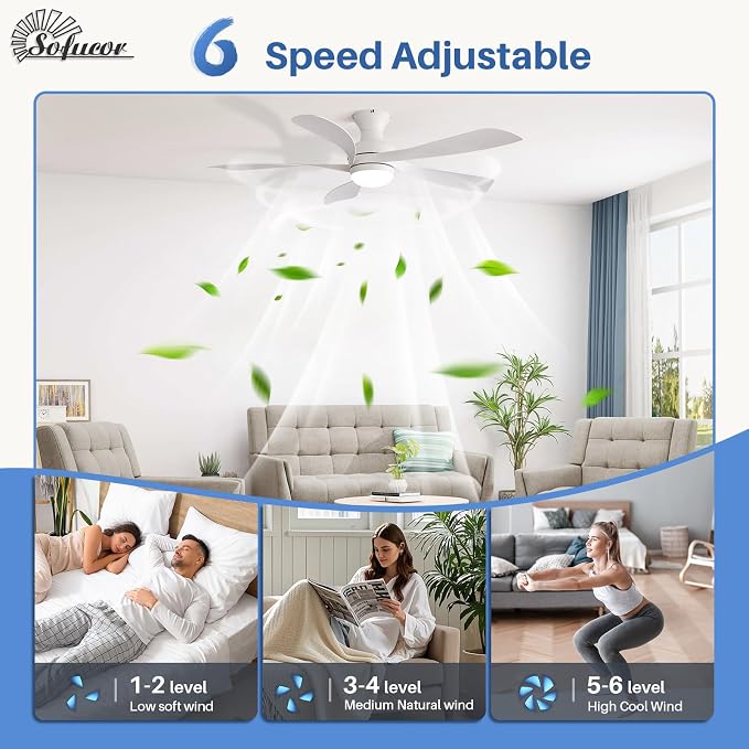Sofucor 52 Inch Low Profile Ceiling Fan with Light, Flush Mount Outdoor White Ceiling Fan with Remote for Bedroom Living Room Patio, Dimmable LED High Airflow Quiet Reversible DC Motor