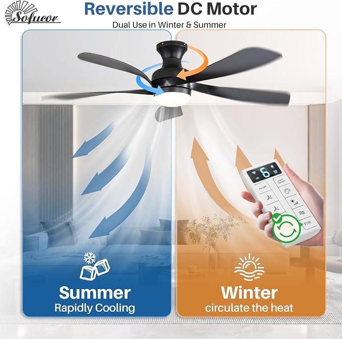Sofucor Smart 52'' Low Profile Ceiling Fan with Lights and Remote, Flush Mount Ceiling Fan Work with APP/Alexa/Google for Modern Bedroom Living Room Patio, Dimmable LED Quiet Reversible DC Motor
