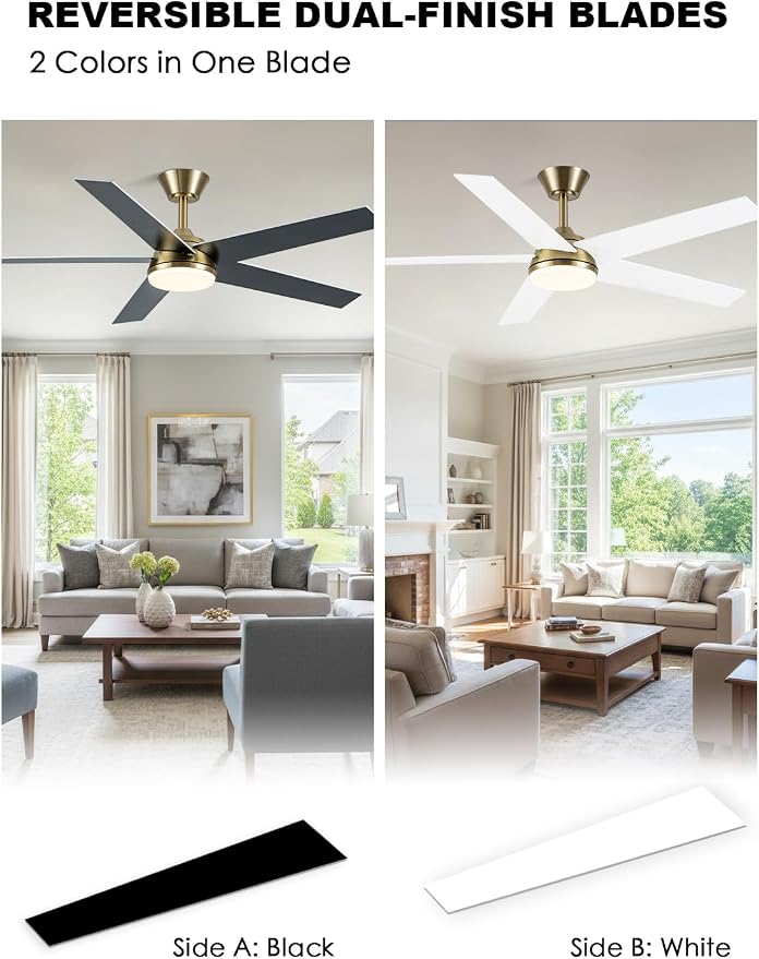 Bella Depot 52 Inch White and Gold Ceiling Fan with Light, Modern Brass Ceiling Fan with Dimmable LED Light, Chandelier Fan with Quiet DC Motor for Living Room, Bedroom, Kitchen