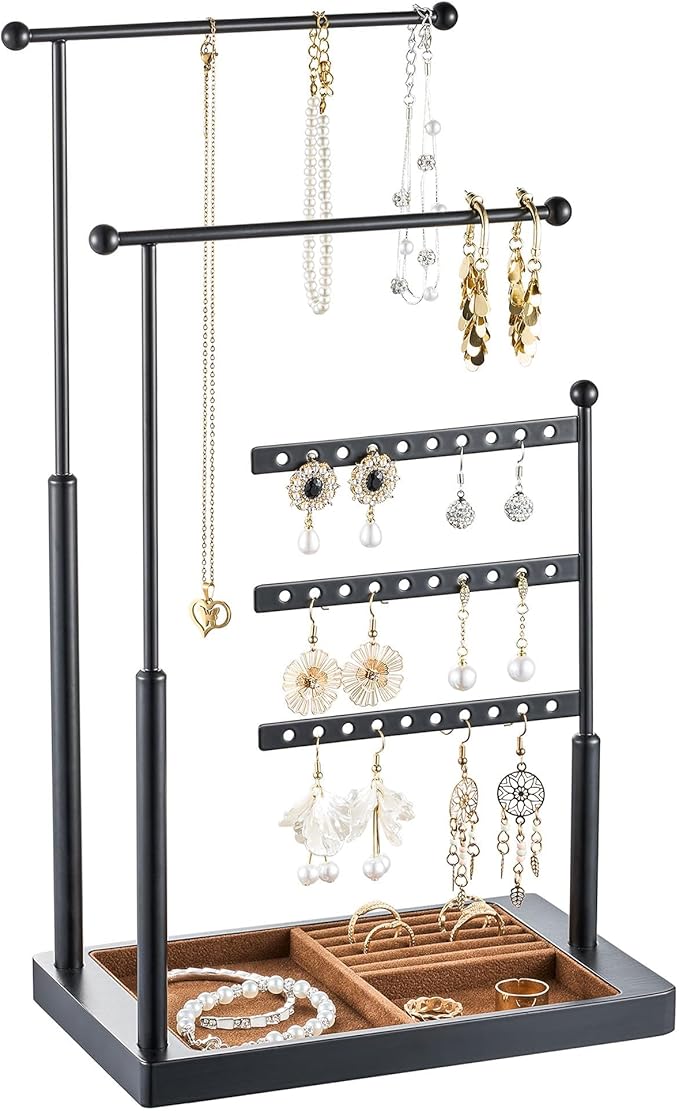 pickpiff Jewelry Organizer Holder Stand: 3 Tier Jewelry Storage Display for Necklace, Bracelet, Earring, Ring, Black & Brown