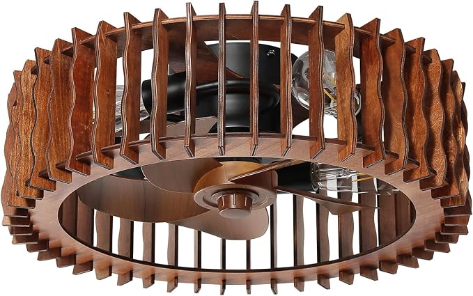 Wooden Fandelier Ceiling Fan with Light and Remote, 20" Flush Mount Caged Ceiling Fan with Light, 6 Speed Reversible Farmhouse Low Profile Ceiling Fan for Bedroom Living Room