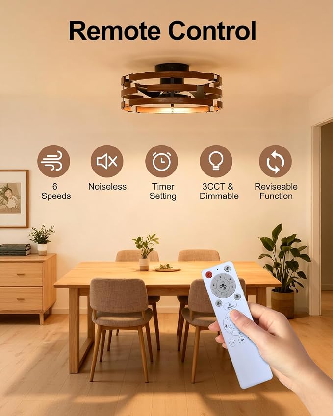 Roomratv Farmhouse Fandelier Ceiling Fan with Lights Flush Mount, 20'' Caged Bladeless Ceiling Fan with Remote,Enclosed Small Fan Light Fixtures Low Profile for Rustic Bedroom Kitchen