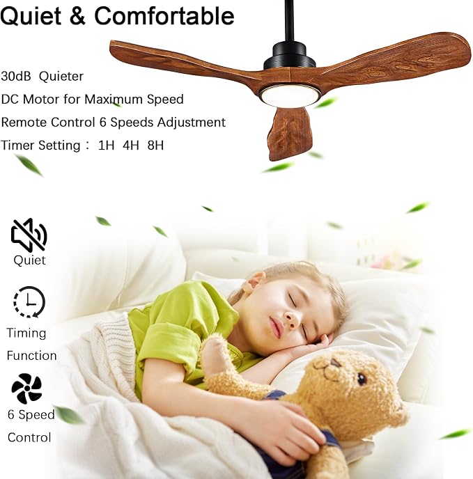 42 In Wood Ceiling Fan with Light,Noiseless Reversible DC Motor with Remote | tung walnut solid wood blades, quiet dc motor, remote control, dimmable 3cct led, indoor outdoor for farmhouse kitchen patio