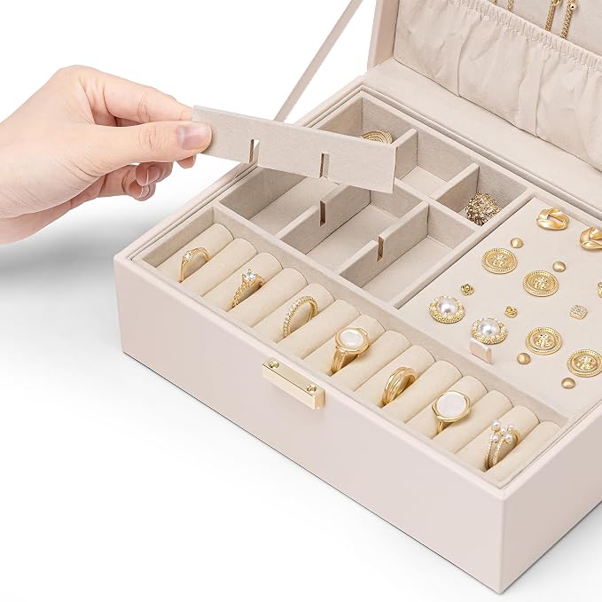 VLANDO 2 Layer Jewelry Box Large Jewelry Organizer for Women Removable Jewelery Tray for Necklace Earrings Rings Bracelets Mothers Gifts for Mom Wife (Light Pink)