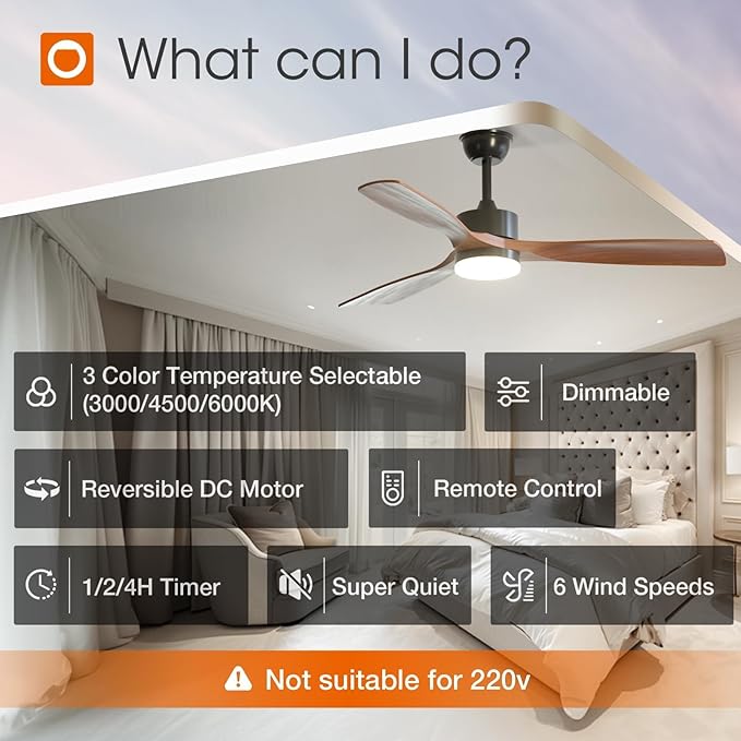 addlon 52 inch Ceiling Fans with Lights and Remote Control, Reversible, 3 Wood Blades, 6 Speeds, 3CCT Dimmable, Noiseless, Indoor/Outdoor Black Walnut Ceiling Fan for Bedroom Living Room Gazebo Patio