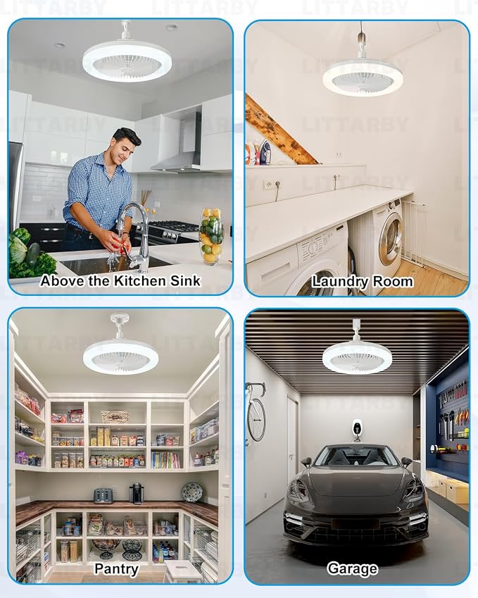 Socket Fan Light with Remote Control, 3 Colors 3000K-6500K Dimmable LED Light Bulb Fan Screw in Ceiling Fan for Bedroom, Kitchen, Storage Room, Closet, Wireless Small Ceiling Fans with Lights - White