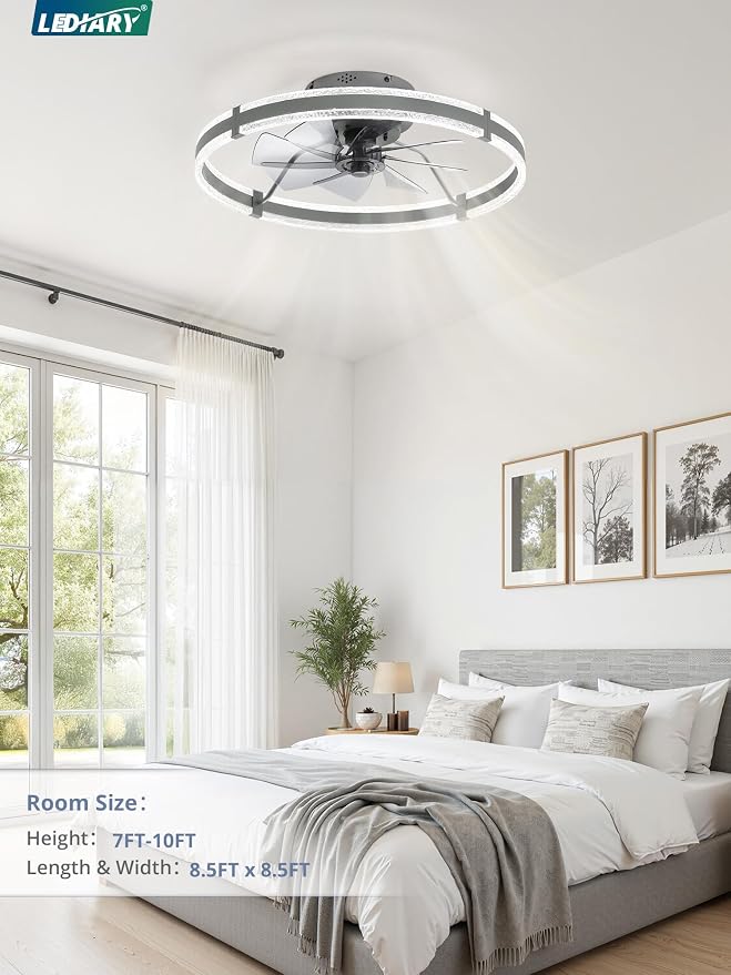 LEDIARY Ceiling Fans with Lights and Remote, 24'' Low Profile Ceiling Fan with Light, 3000-6000K Dimmable Fandelier Ceiling Fans, Modern Flush Mount Fan for Bedroom with 6 Wind Speeds- Sandy Gray