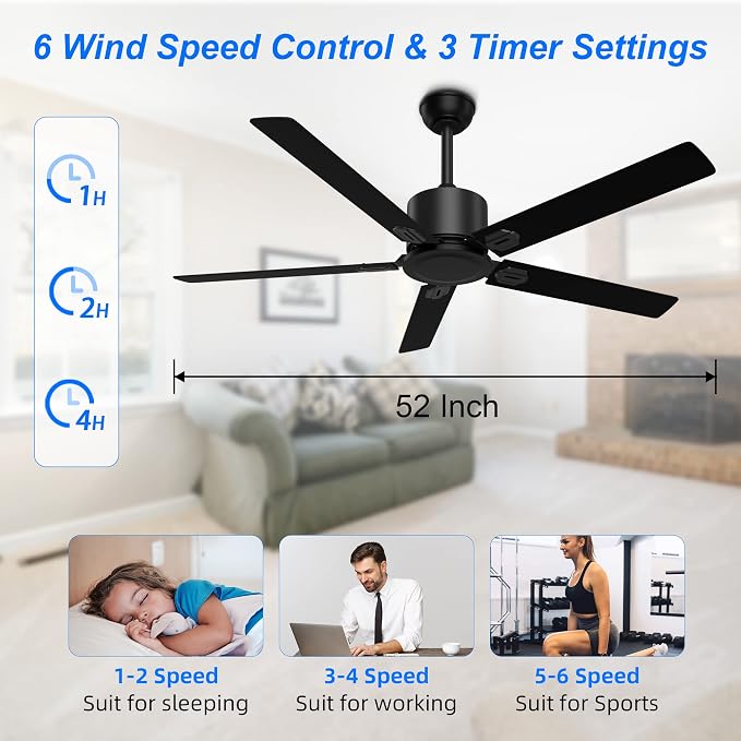 Obabala Outdoor Ceiling Fan No Light, 52 Inch Black Modern Ceiling Fan Without Light, Dual Finish 5 Blades,6 Speed, Reversible Quiet DC Motor for Patios, Garage, Bedroom, Porch