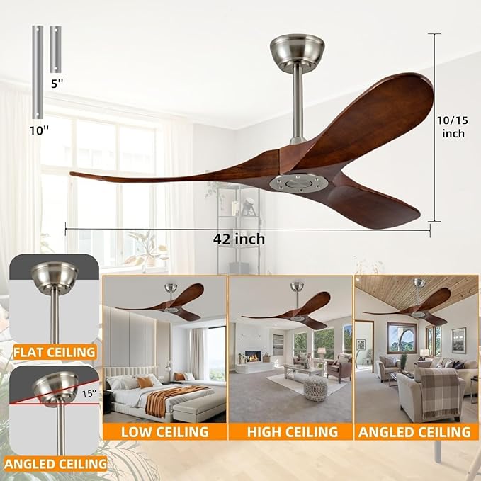 42 Inch Ceiling Fan Without Lights,Deep Walnut Ceiling Fans,Quiet DC Motor,Wooden Ceiling Fan,2 Downrods,Timer, 6-Speed for Living Room,Bedroom,Dining Room,Patio,Porch(Brushed Nickel+Dark Walnut)