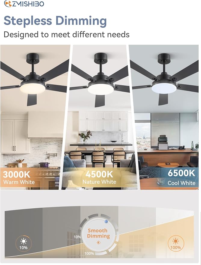 52 Inch Ceiling Fan with Remote, Indoor/Outdoor Black Ceiling Fan with Large LED Panel, Quiet Reversible DC Motor, 6-Speed, 3000-6500K Stepless Dimming, Modern Ceiling Fan for Bedroom, Living Room