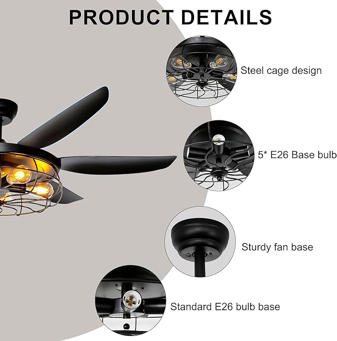 Ohniyou 52'' Rustic Farmhouse Ceiling Fan with Lights and Remote | Caged Light Fixture, E26 Bulbs Socket, Industrial Covered Outdoor Fans for Patio, Living Room, Dining Room, Bedroom, Black