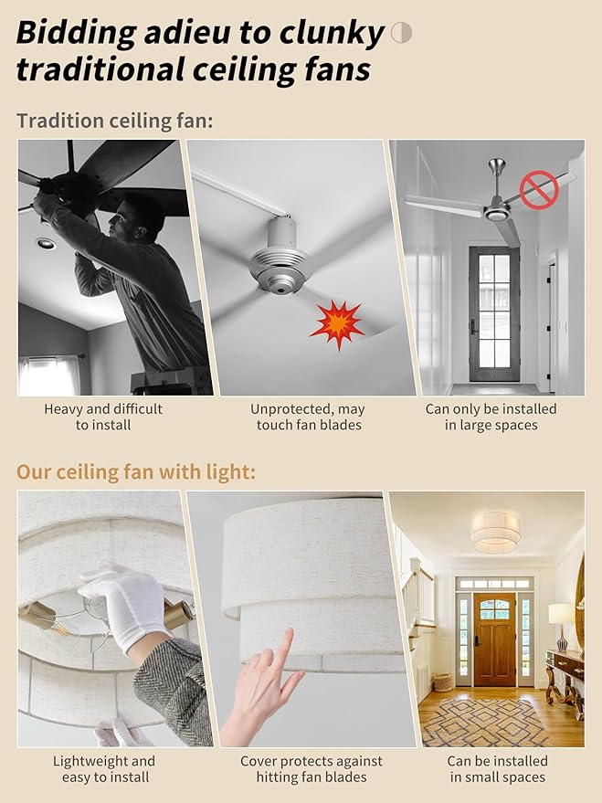 SYDACG Ceiling Fan with Lights Flush Mount, 20" Low Profile Boho Ceiling Fan with Light Remote Control, Bladeless Rattan 6 Speeds for Bedroom, Living Room, Nursery