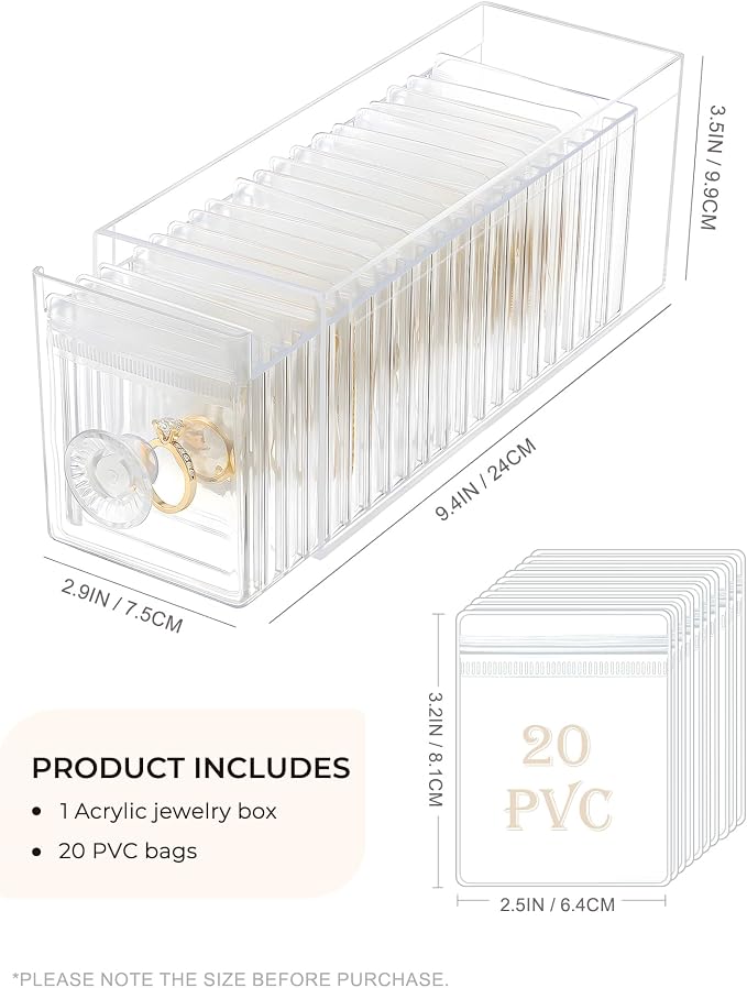 HOMEHIVE Clear Acrylic Jewelry Organizer Box with 20 Portable Pouches, Jewelry Storage Case for Women Girls, Tangle-Free, Anti-Tarnish, Compact Storage for Necklaces/Earrings/Rings, Upgraded Clear