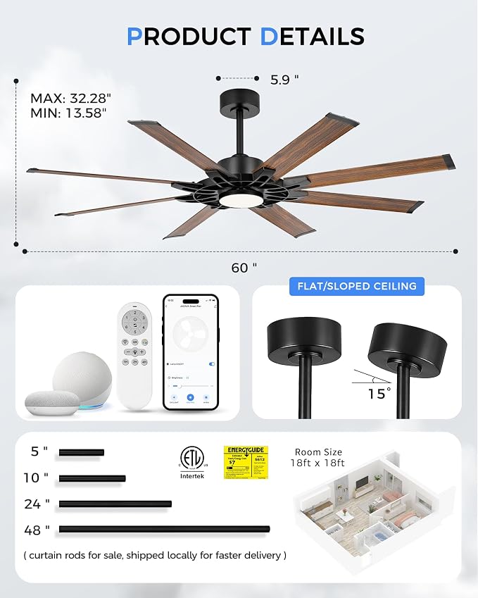 60 Inch Ceiling Fan with Light, Indoor Outdoor Ceiling Fan with 8 Aluminium Wood Grain Metal Blades, Smart Fan with Alexa, Modern Quiet Fan for Patio, Garage, Living Room, ZCCF05AWD-60