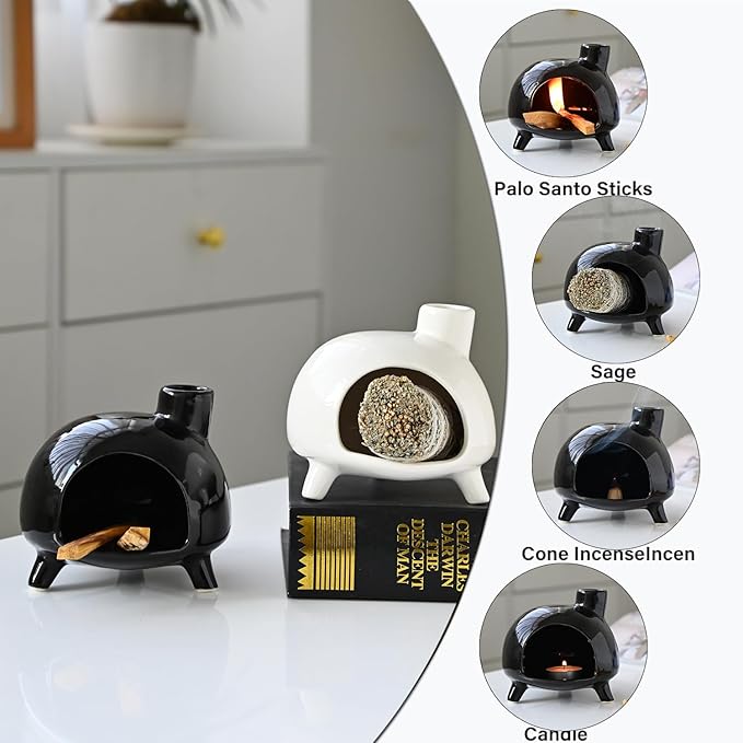 Handmade Ceramic Palo Santo Holder Burner - Mini Chimenea Incense Dish for Palo Santo and Sticks .Sage Holder for for Aromatherapy, Yoga, Meditation Gift and Home Decor (Black1)