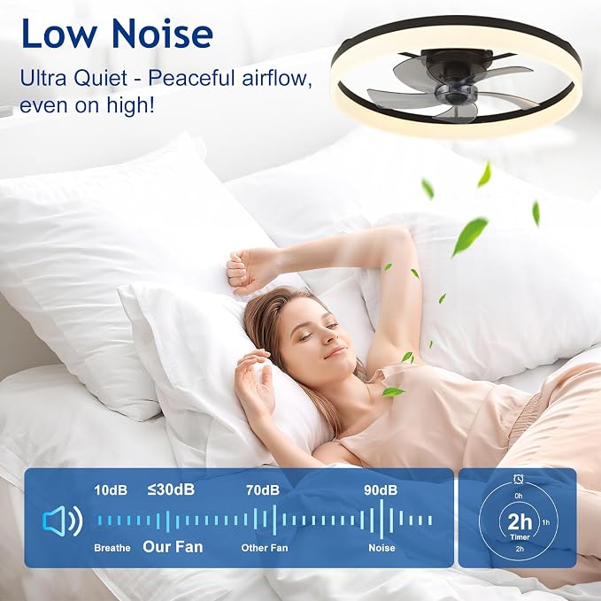 DLLT Bladeless Ceiling Fans with Lights: 24 Inch Modern Flush Mount Low Profile Ceiling Fan with APP Remote Control - Black Enclosed LED Fandelier Dimmable Quiet DC Motor for Bedroom Living Room