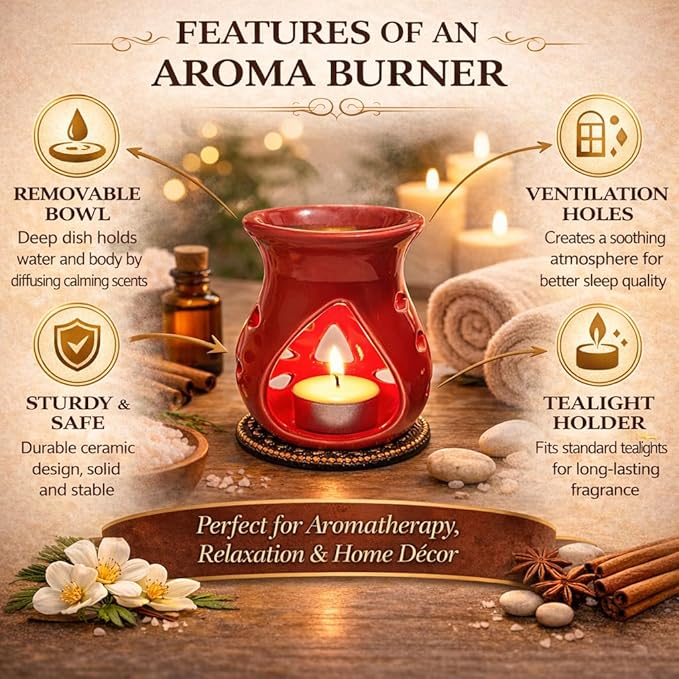 Ceramic Essential Oil Burner Wax Melt Burners |Aromatherapy| Ceramic Oil Diffuser| Candle Tealight Holder (Set of 1) Home Bedroom Decor Christmas Housewarming Gift, Red