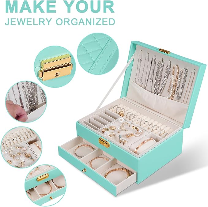 GUOER Jewelry Box for Women Girls, Two Layers Jewelry Organizer (Teal) | Vintage Quilting Stitching PU Leather, Earrings Bracelets Rings Necklace Watches Storage Large Jewellery Holder Case Gifts
