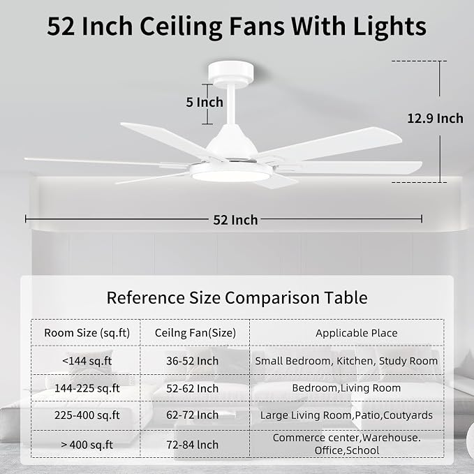 52 Inch Ceiling Fans with Lights, 6 Wooden Blades, White | Remote Control, Reversible Quiet DC Motor, 6-Speed, 3CCT Dimmable LED, Timer for Living Room, Bedroom, Office