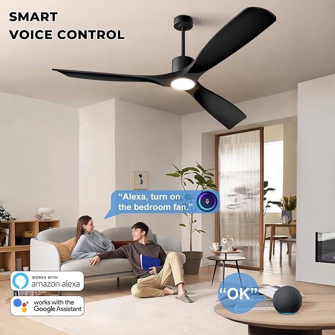 60" Ceiling Fan with Lights,Outdoor Ceiling Fan 3 Blade,Compatible with Alexa/Gg/App/Remote,3-Color Light 6-Speed Quiet Reversible DC Motor for Patio,Black