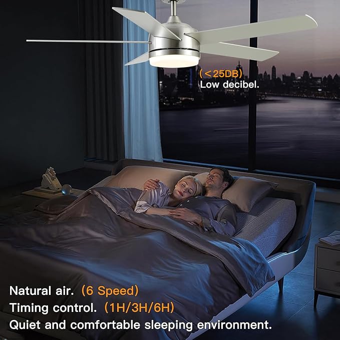 YUHAO 52 Inch Brushed Nickel Ceiling Fan with Light and Remote Control.Noiseless,Dimmable,3CCT,6 Speeds Reversible, DC Ceiling Fans for Indoor or Covered Outdoor Use.ETL Listed