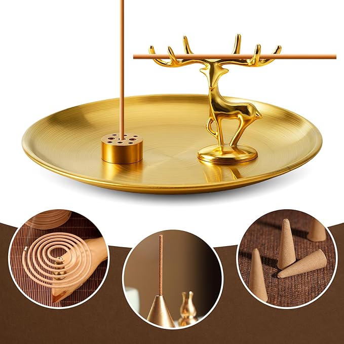 3 in 1 Incense Burner - 5.5 Inch Brass Incense Holder for Sticks, Coils and Cones with Ash Catcher - for Meditation, Yoga, Zen Room, Home Decor (Deer+Nine Holes+Disc)