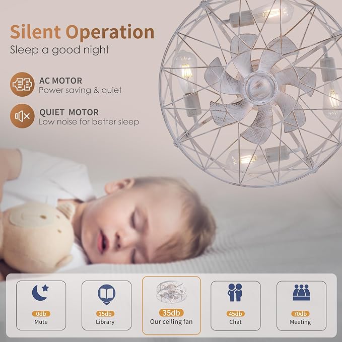 Flush Mount White Caged Ceiling Fan with Light, 20" Small Bladeless Ceiling Fan and Remote, Rustic Low Profile Ceiling Fans 4-Speed Reversible Enclosed Ceiling Fans for Bedroom Kitchen Farmhouse