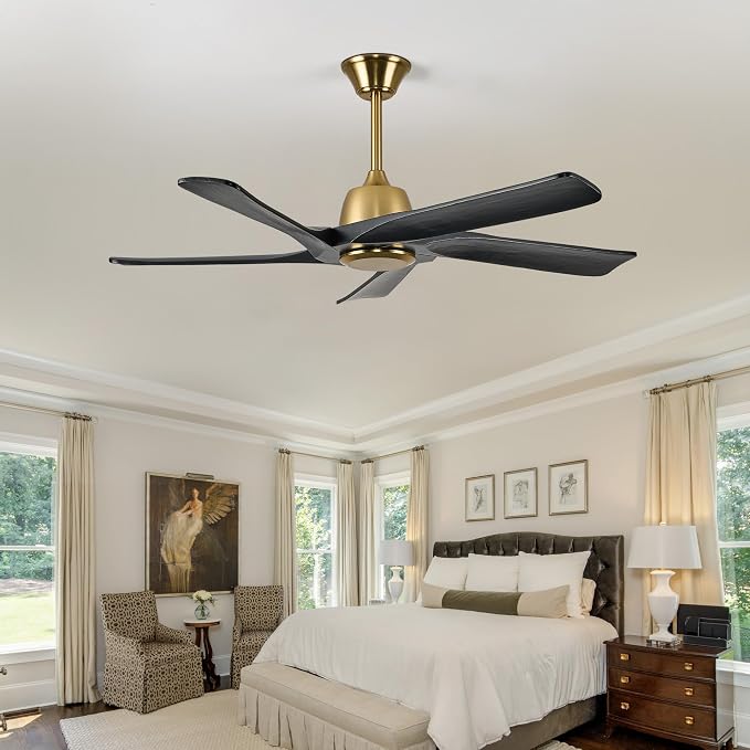 52 Inch Solid Wood Ceiling Fan No Lights, Remote and APP Control, DC Motor, 6-speed Reversible, for Bedroom, Living Room, Office, Black Gold
