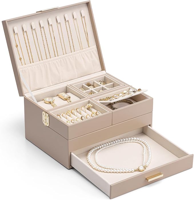 VLANDO 3 Layer Jewelry Box - Women Jewelry Box with Retractable Tray - Jewelry Organizers with Drawer for Necklaces, Rings, Bracelets, Earrings, Gift for Couples Mom Girls - Toffee