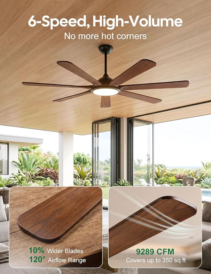60 inch Smart Wood Ceiling Fan with Light, Remote/Alexa/App Control, Farmhouse Rustic Style, 7 Solid Walnut Blades, Indoor Outdoor High CFM Quiet DC Motor, Damp Rated for Covered Patio, Living Room