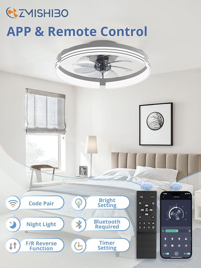 ZMISHIBO Low Profile Ceiling Fans with Lights and Remote, 20 Inch Flush Mount Ceiling Fan with Light, 3000K-6000K Dimmable Fandelier LED Fan Light, 6 Wind Speeds Grey Ceiling Fans for Bedroom