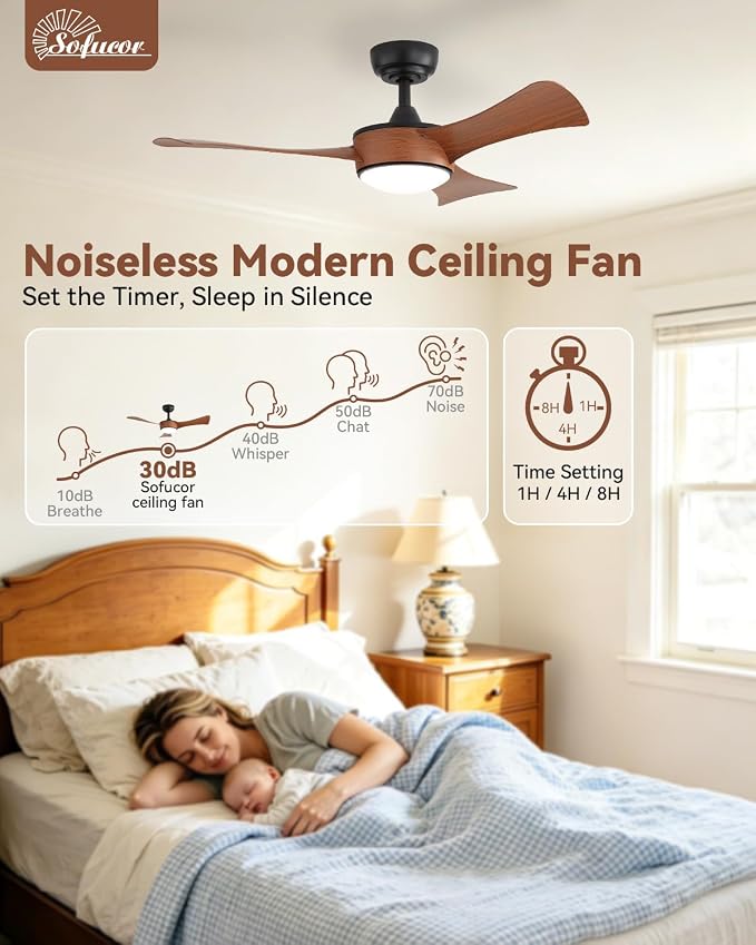 Sofucor 42 Inch Ceiling Fans with Lights-Modern Brown Small Bedroom Ceiling Fan with Remote Control, Plug-in Blades Quick Install, Quiet DC Motor,Outdoor ABS Ceiling Fan for Kitchen/Living Room/Patios