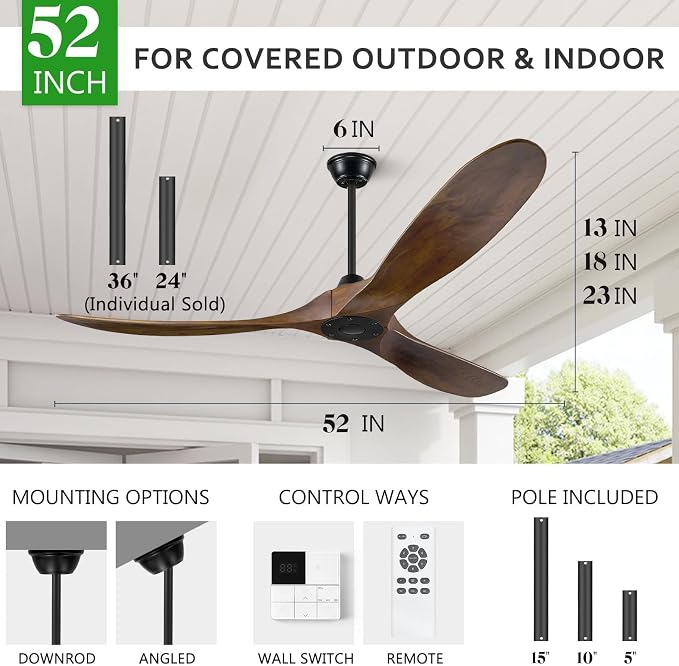 52 inch Outdoor Ceiling Fans without Lights and Remote Control, 3 Blade Ceiling Fan No Lights High CFM Quiet Wood Walnut Outdoor Fan, Propeller Ceiling Fan for Outdoor/Indoor/Patio, Dark Walnut