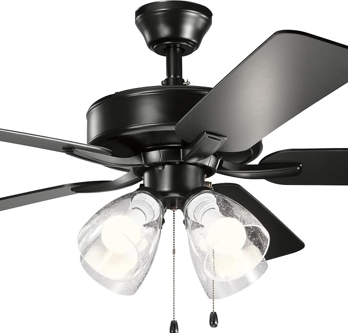 Kichler Basics Pro Premier 52 in Ceiling Fan with Light, Reversible Blade Indoor Fan with 4200 CFM High Airflow in Satin Black, LED Bulbs Included for Bedroom or Kitchen, 330016SBKS