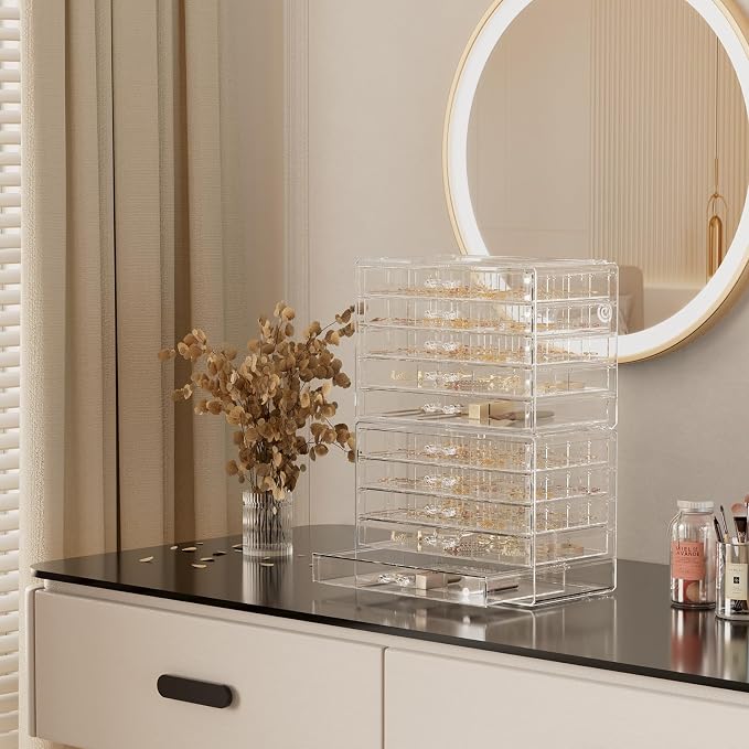 ProCase Acrylic Earrings Holder Organizer Box -Clear, 10 Layers | 158 Jewelry Storage Grid Large Clear Compartments Transparent Stackable Drawers Jewelry Display for Earring Ring Bracelet