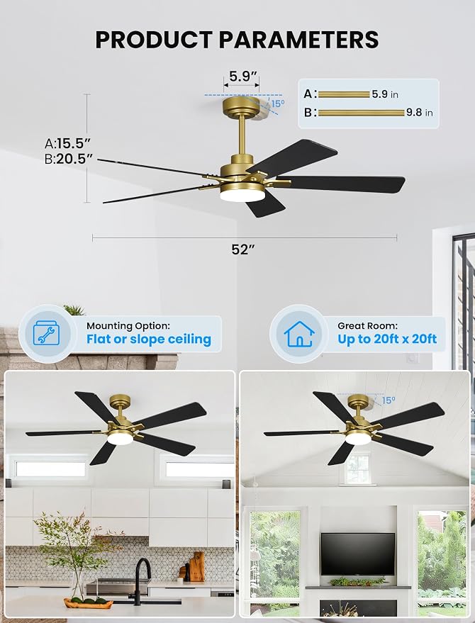 52 Inch Ceiling Fan with Lights and Remote, Downrod Mount, Sloped Ceiling Compatible up to 15°, Quiet Reversible DC Motor, 3CCT Dimmable LED, Gold Ceiling Fan for Bedroom Living Room
