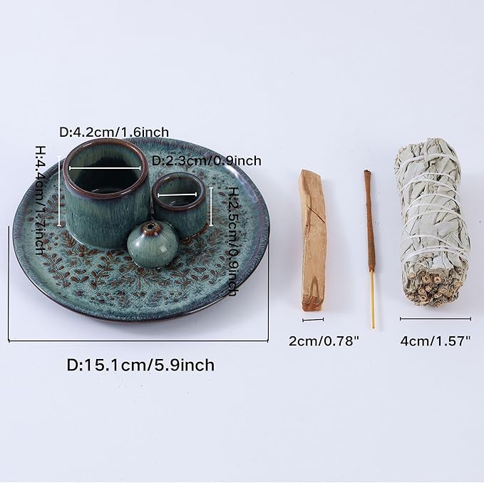 5 in 1 Incense Holder Burner, 5.9" Ceramic Holder for Burning Palo Santo Sage Candle and Incense Sticks Cones, Ash Catcher Tray for Meditation Room Home Décor (Bluegrey)